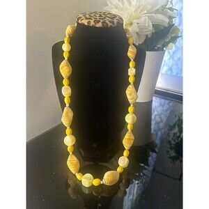 Yellow & White Plastic Beaded Necklace Signed WEST GERMANY Barrel Clasp